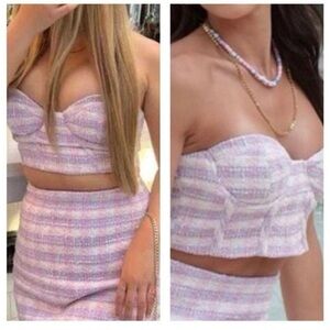 Zara pink purple tweed corset bustier crop top sweetheart neckline NWOT